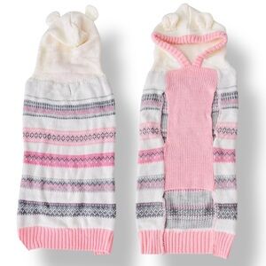 PUP CREW Hooded Fair Isle Cream Pink Gray Dog Sweater w Cute Ears on Hood!
